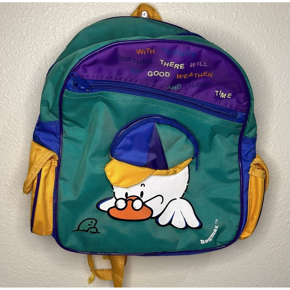 Vintage‎ Kids Backpack Bag max Duck With Hat Cartoon Colorful Quote 90's